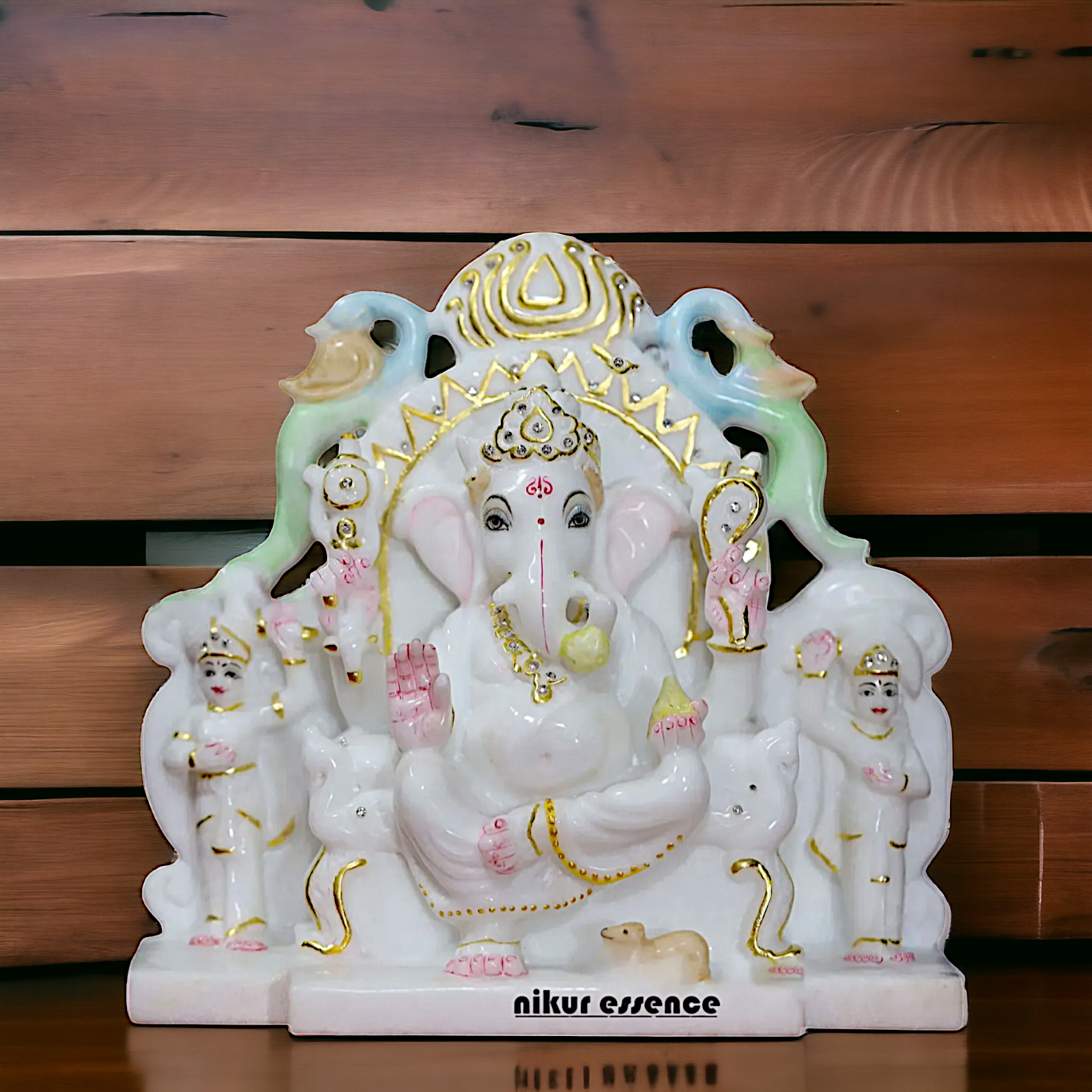 Ganesha Ganpati seated with Riddhi Siddhi Marble idol - 9 inches