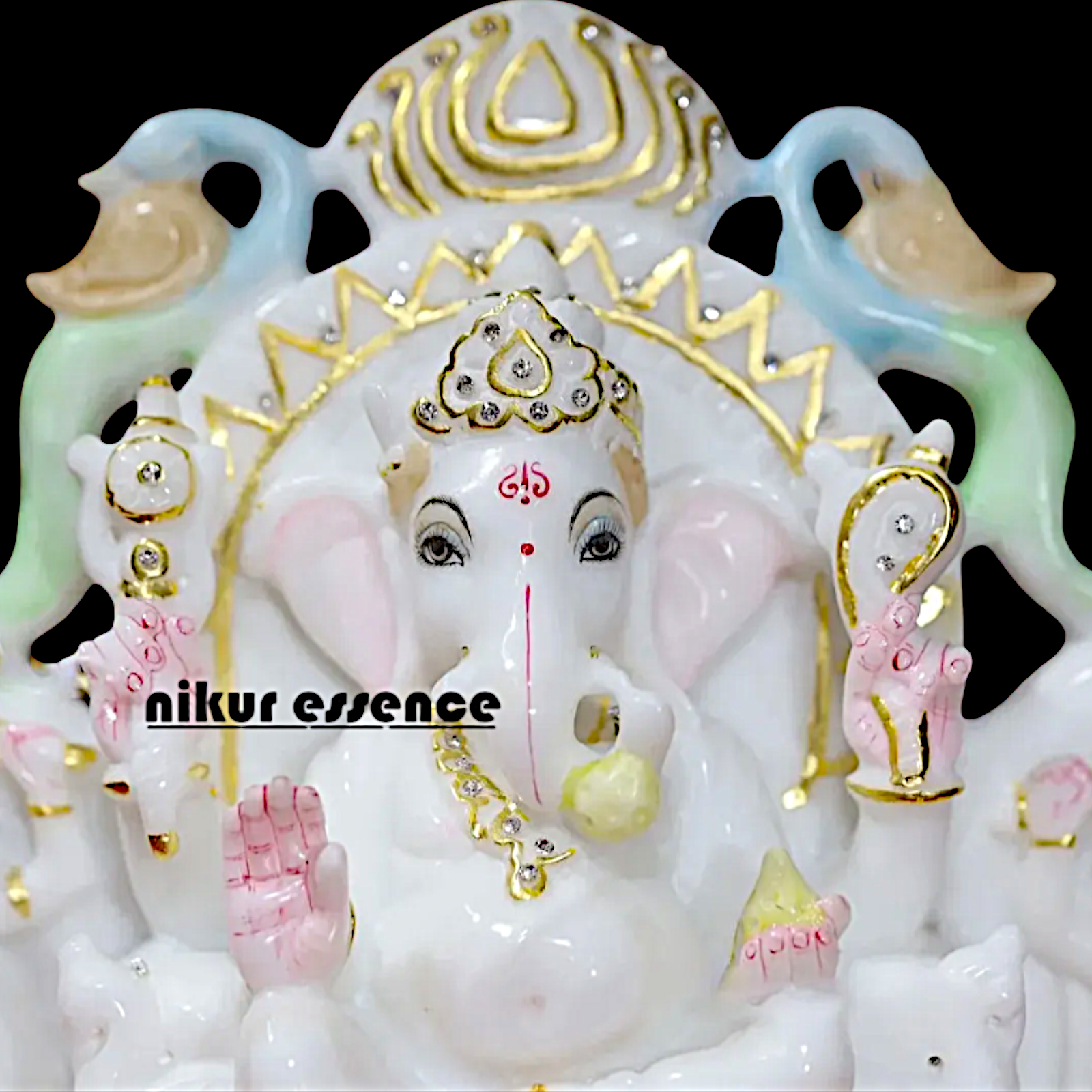 Ganesha Ganpati seated with Riddhi Siddhi Marble idol - 9 inches