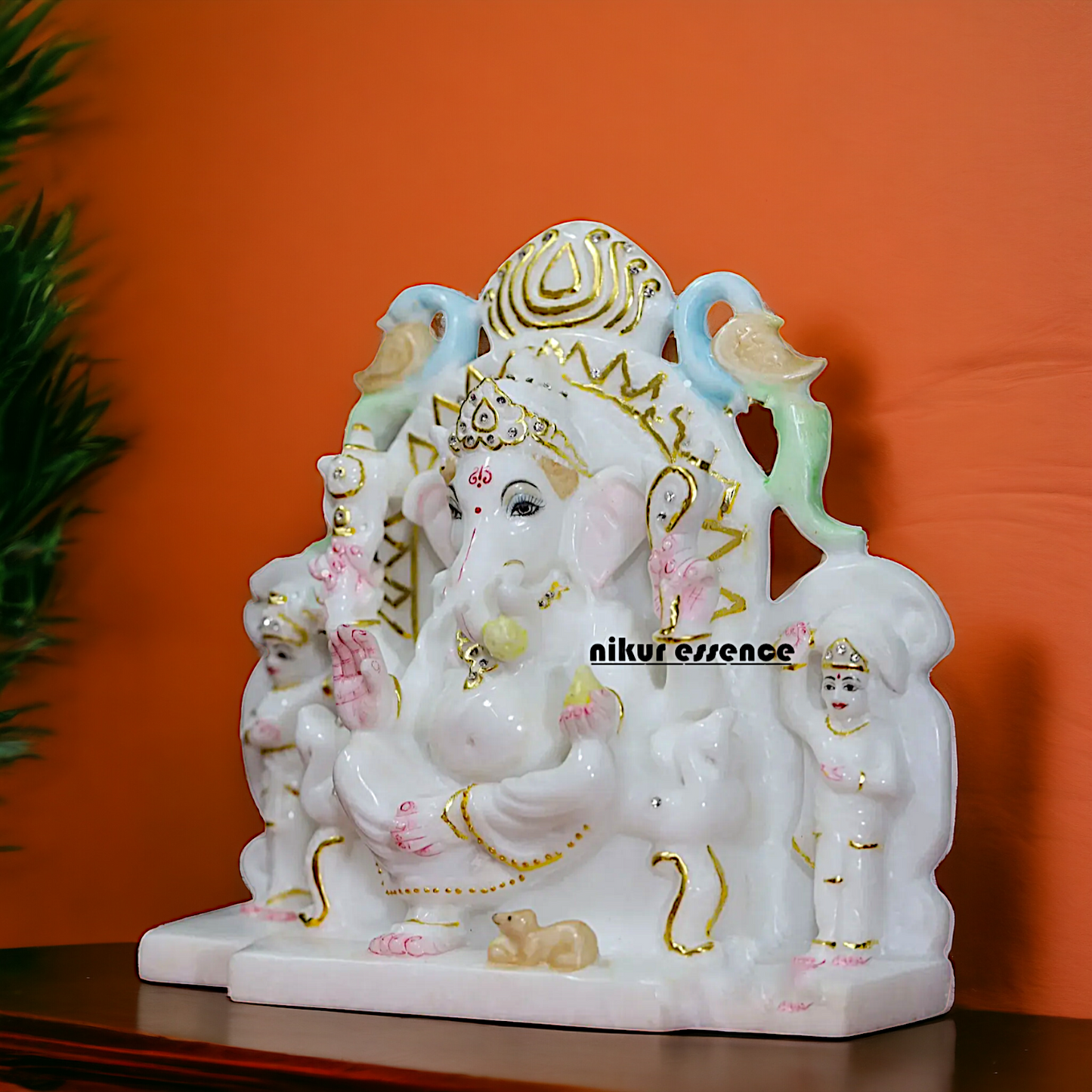 Ganesha Ganpati seated with Riddhi Siddhi Marble idol - 9 inches