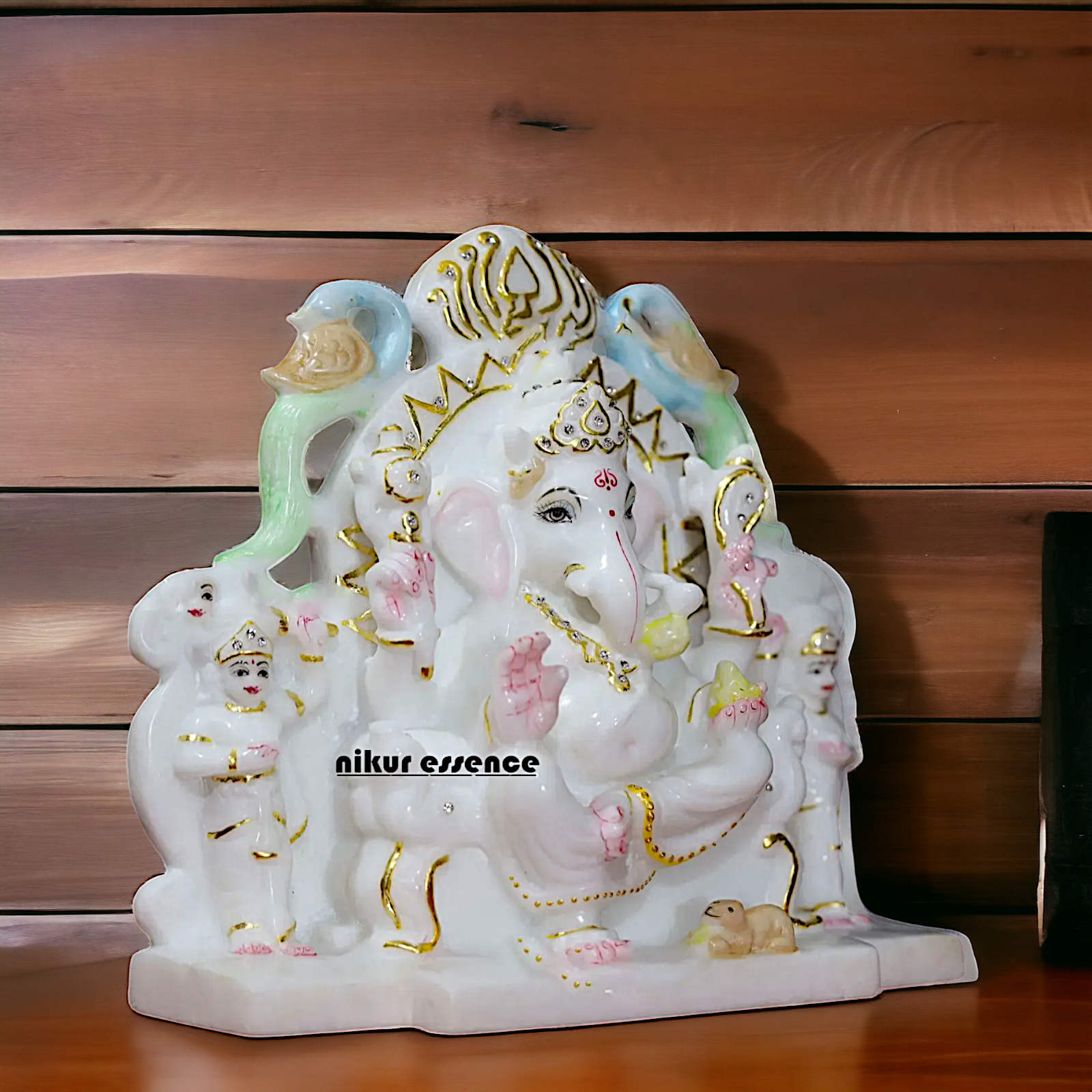 Ganesha Ganpati seated with Riddhi Siddhi Marble idol - 9 inches