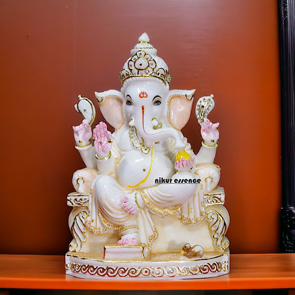 Ganesha Ganpati seated on singhasan Marble idol - 15 Inches