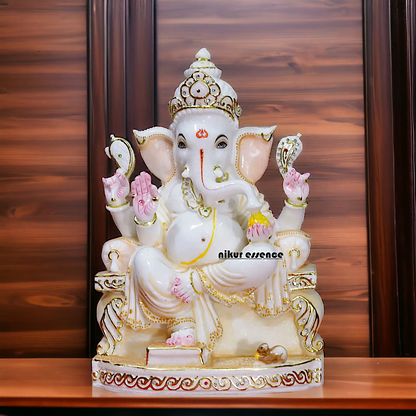 Ganesha Ganpati seated on singhasan Marble idol - 15 Inches