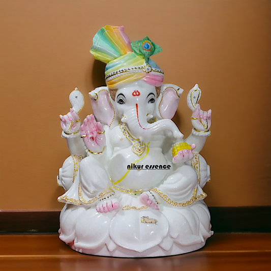 Ganesha seated with head mukut Marble idol - 18 Inches