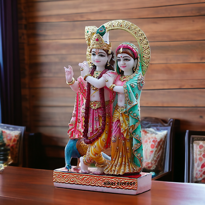 Radha maa krishna Playing Flute standing couple with colourful Marble idol - 18 Inches