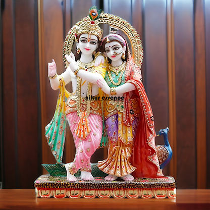 Large Radha maa krishna Playing Flute standing with colourful Marble idol - 2 Feet