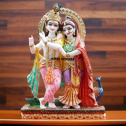 Large Radha maa krishna Playing Flute standing with colourful Marble idol - 2 Feet