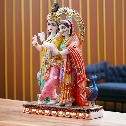 Large Radha maa krishna Playing Flute standing with colourful Marble idol - 2 Feet