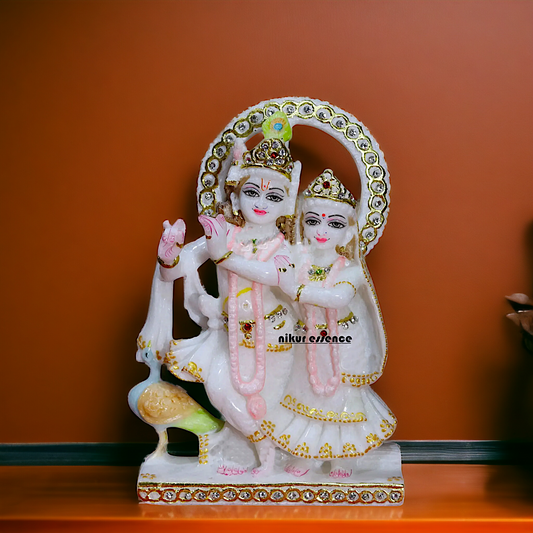 Marble Radha maa krishna Playing Flute standing with peacock Marble idol - 8 Inches