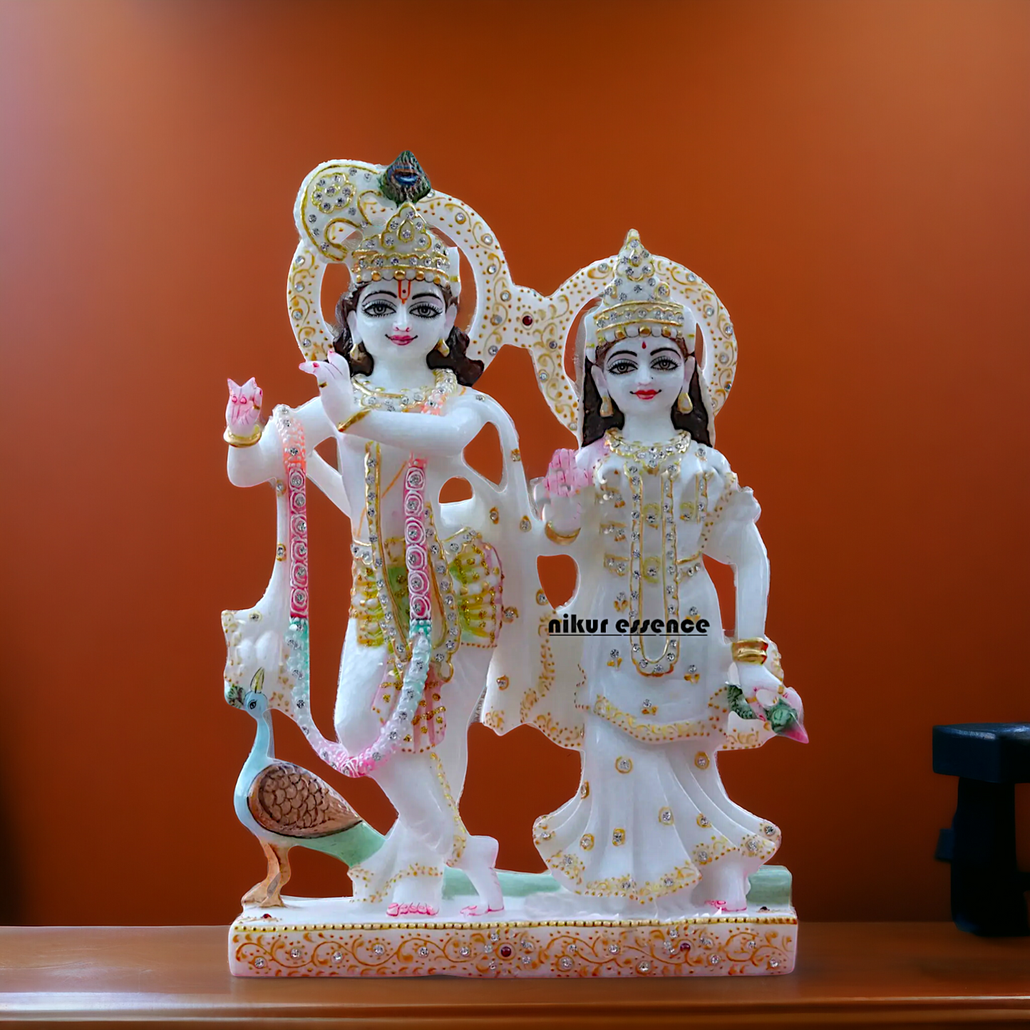 Radha Rani krishna standing with peacock beautiful Marble idol - 9 Inches