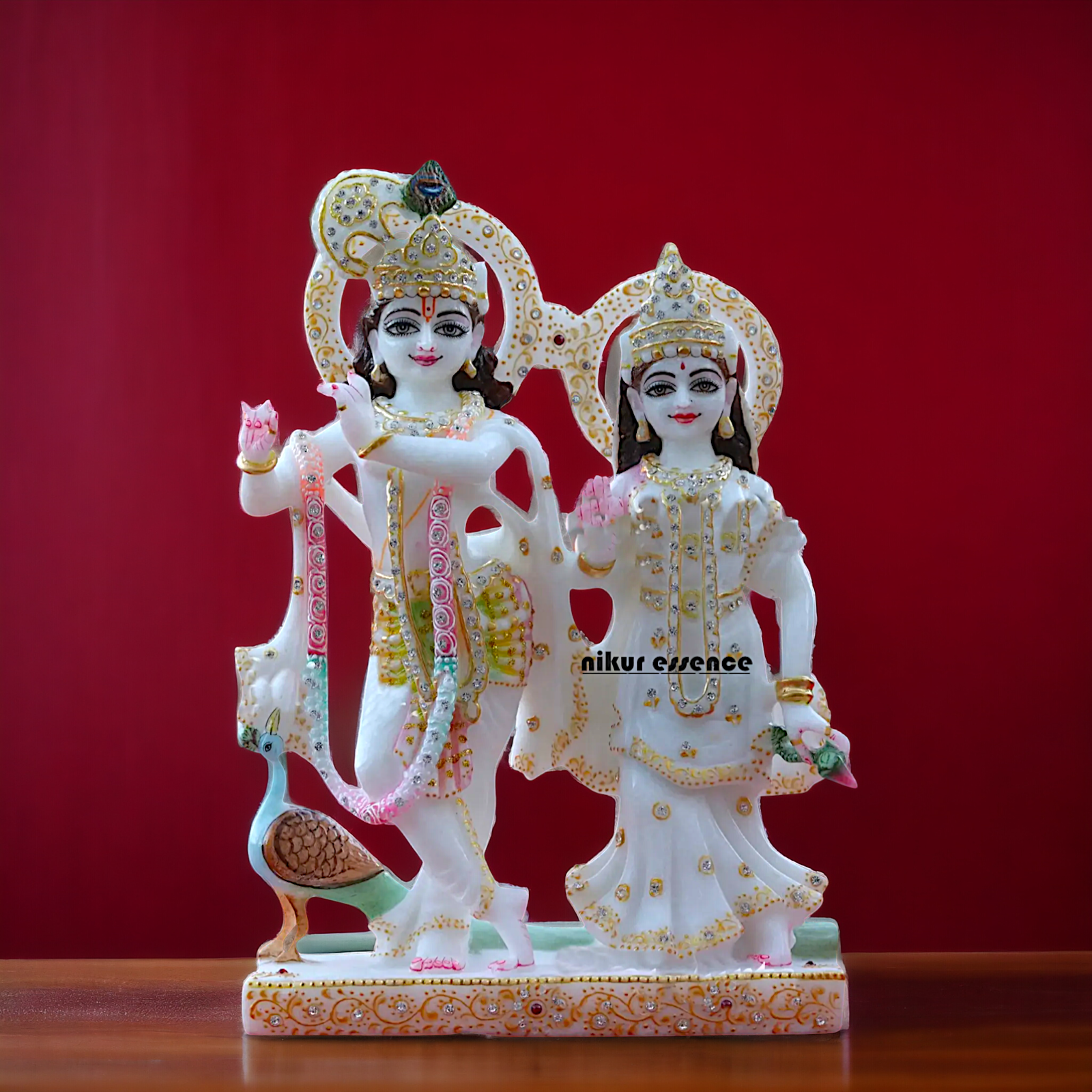 Radha Rani krishna standing with peacock beautiful Marble idol - 9 Inches