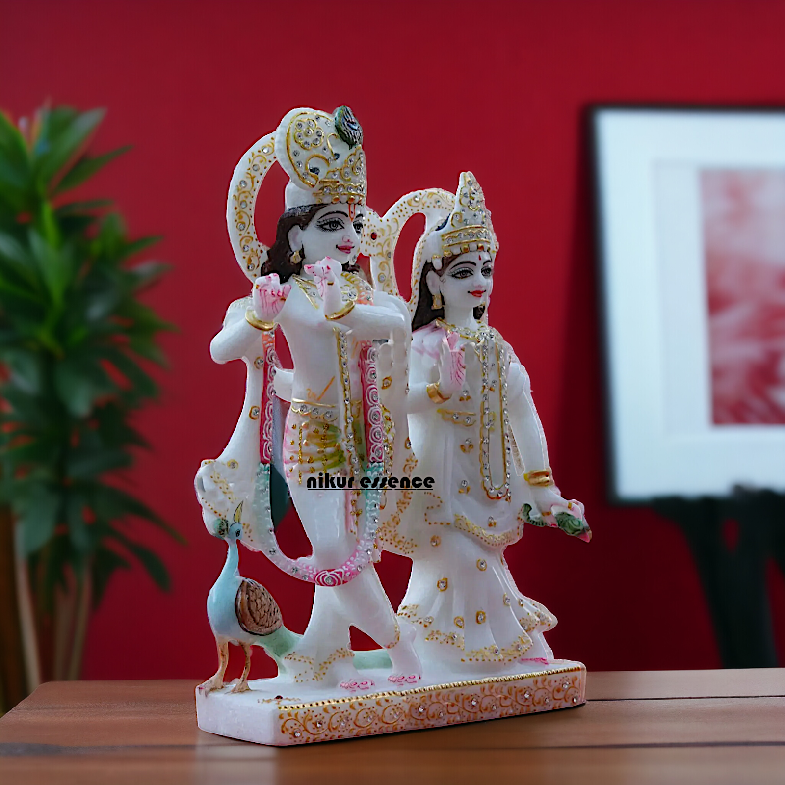 Radha Rani krishna standing with peacock beautiful Marble idol - 9 Inches