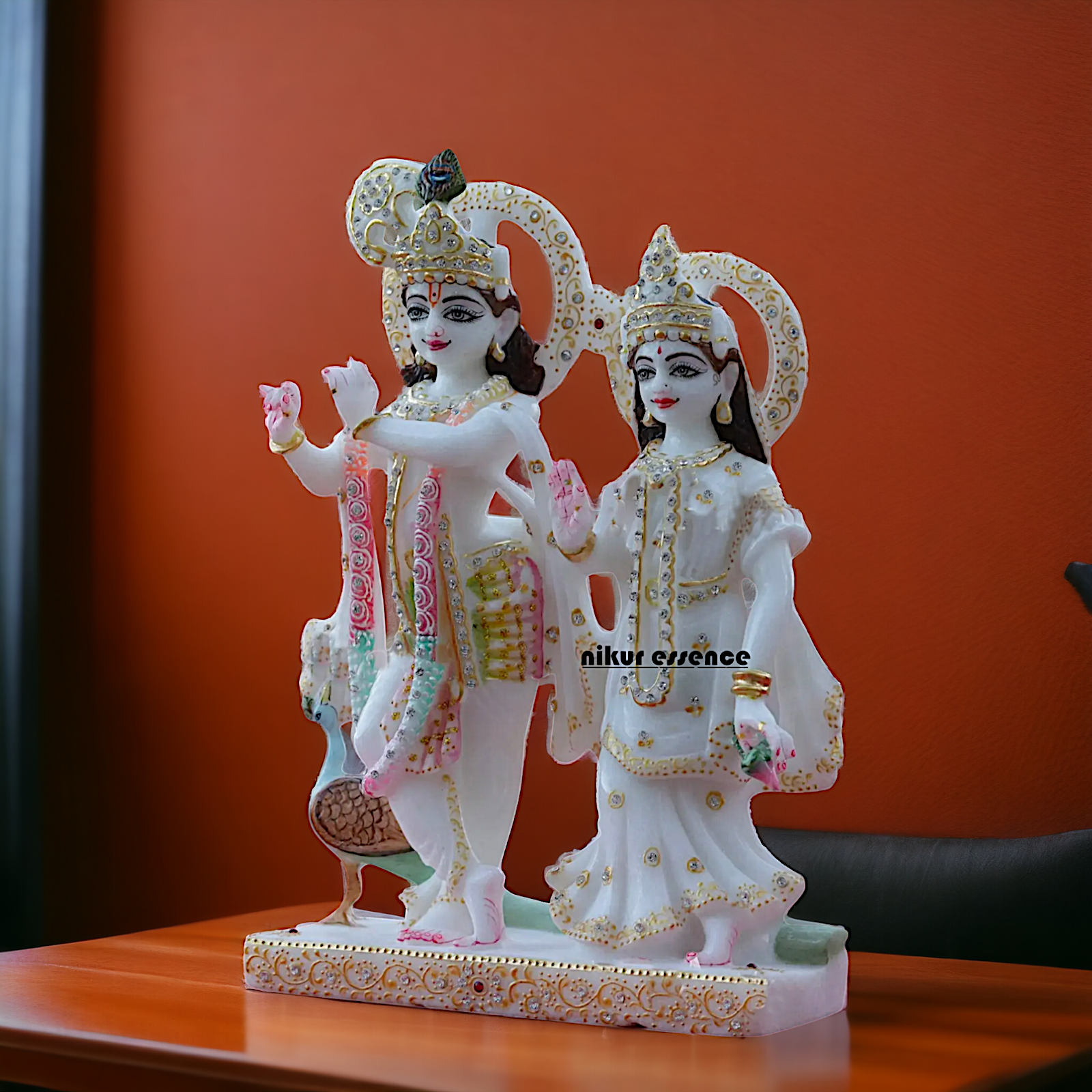 Radha Rani krishna standing with peacock beautiful Marble idol - 9 Inches