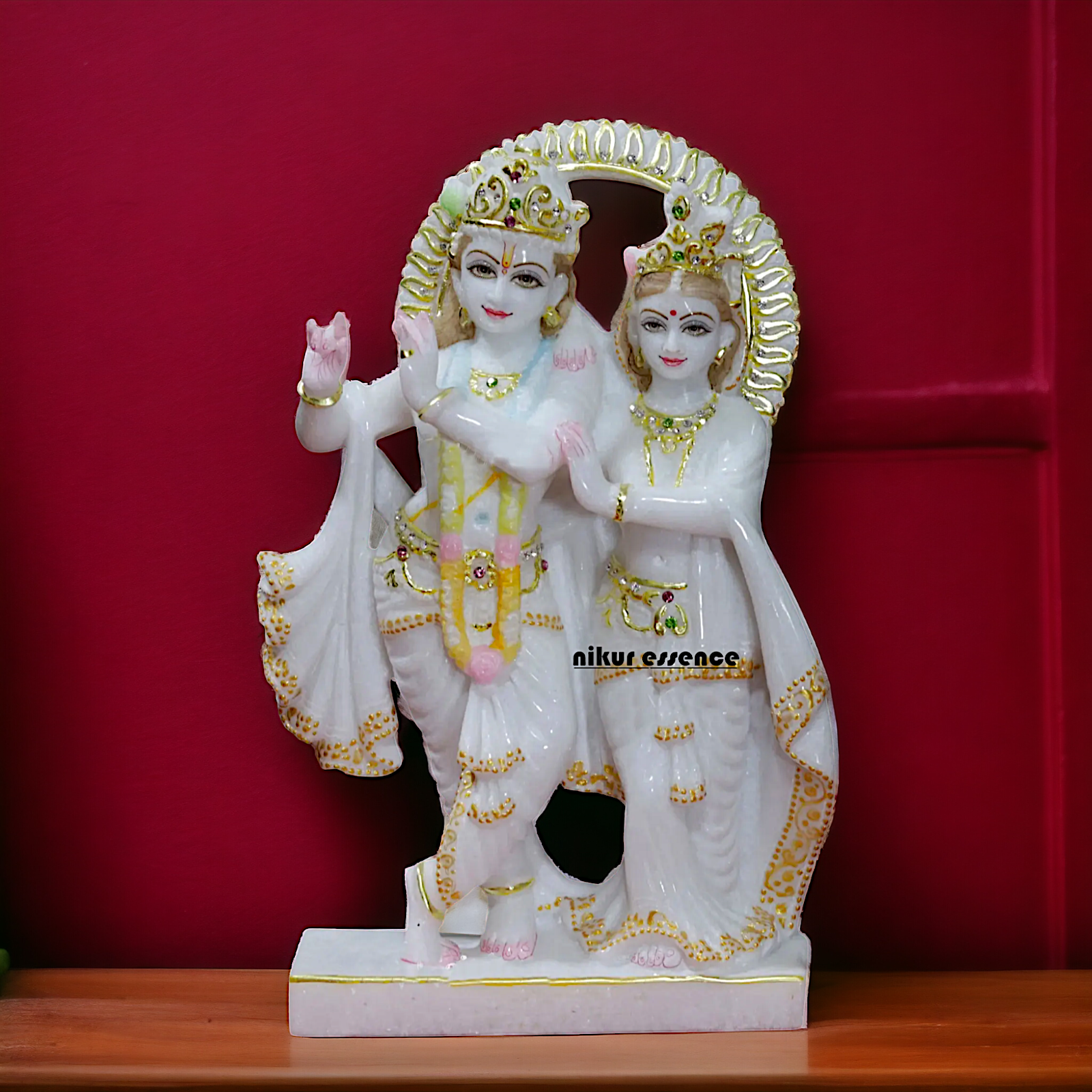 Krishna Radha Maa standing with peacock beautiful Marble idol - 12 Inches