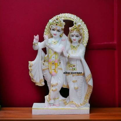 Krishna Radha Maa standing with peacock beautiful Marble idol - 12 Inches