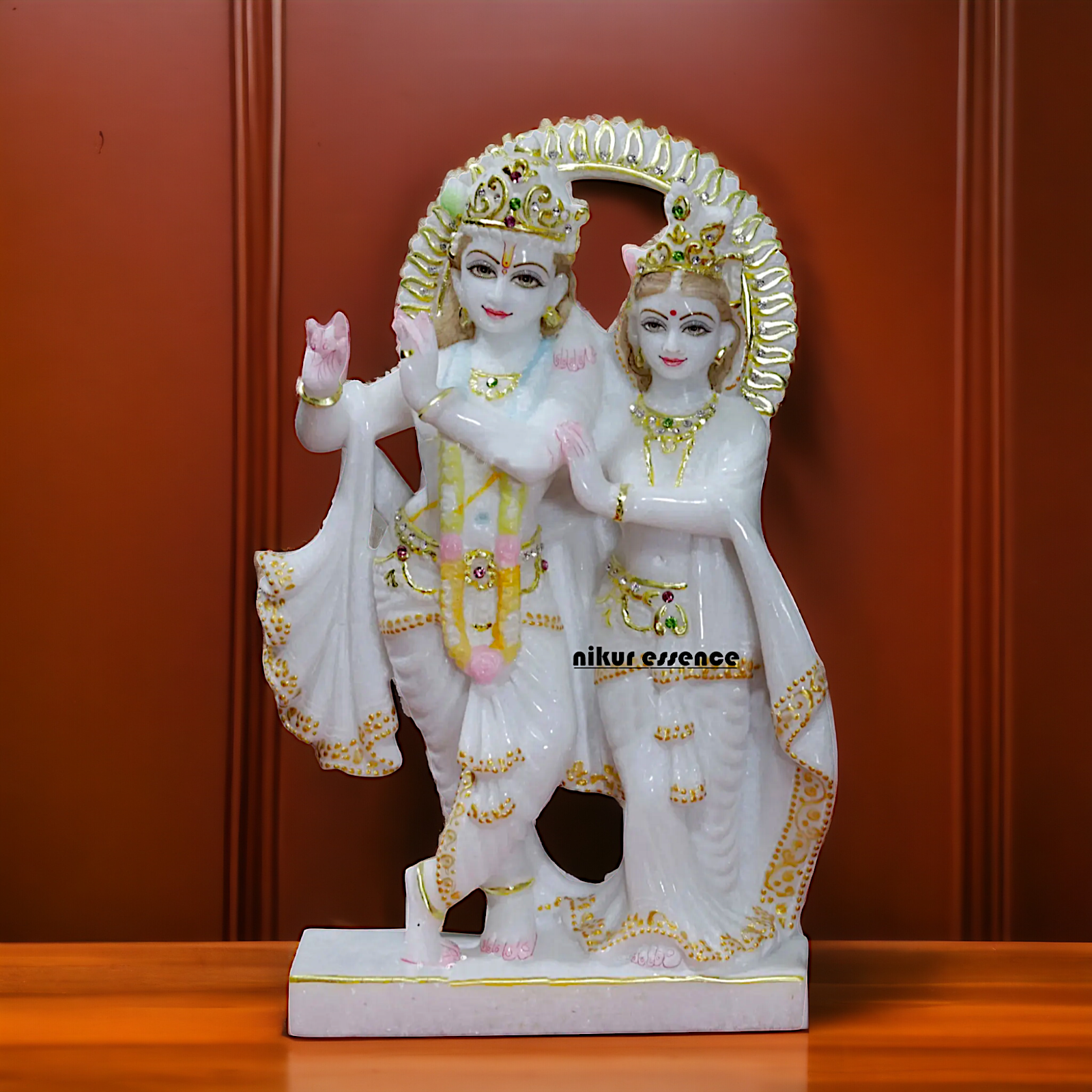 Krishna Radha Maa standing with peacock beautiful Marble idol - 12 Inches