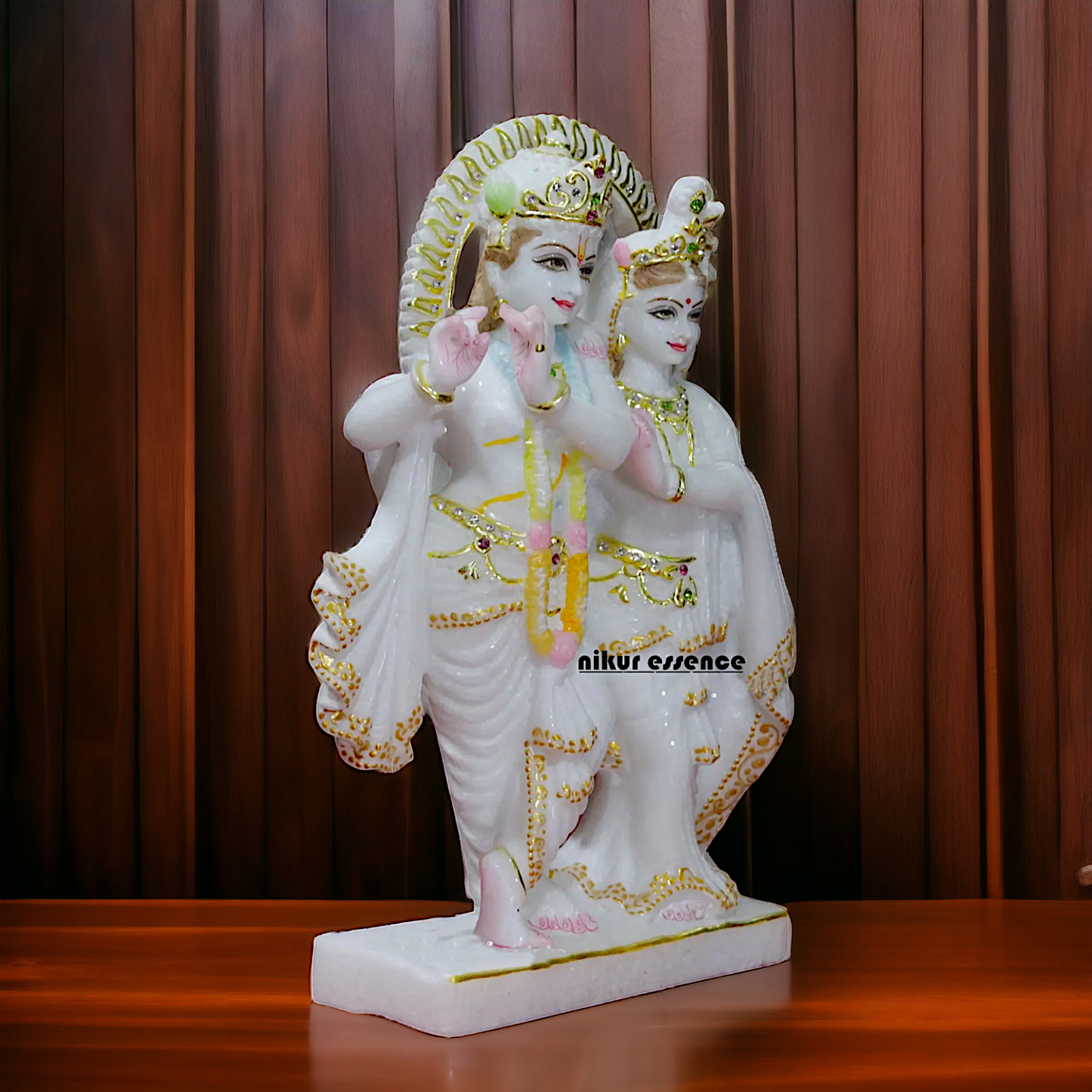 Krishna Radha Maa standing with peacock beautiful Marble idol - 12 Inches