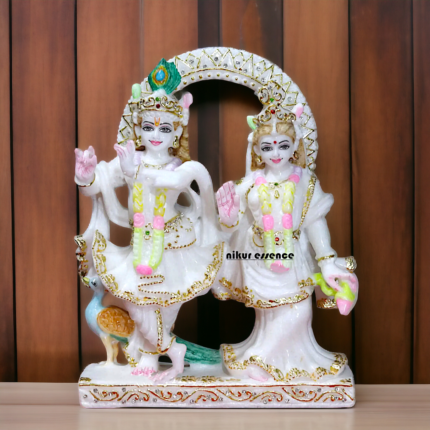 Radha maa krishna standing with peacock beautiful Marble statue - 12 Inches