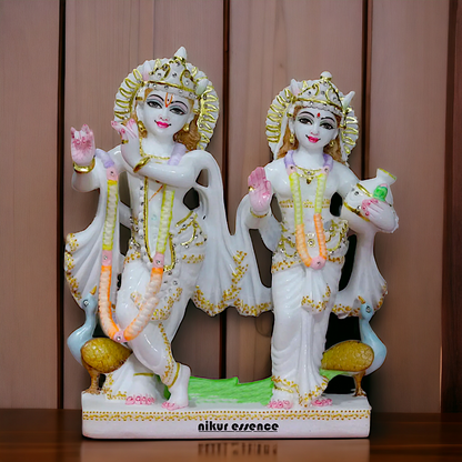 Marble Radha maa krishna standing with peacock idol - 12 Inches