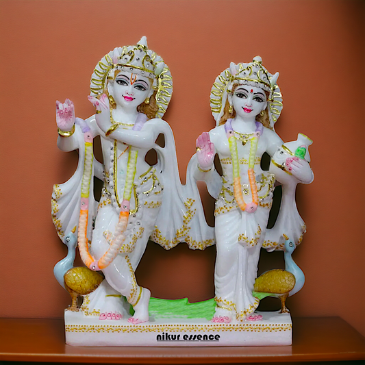 Marble Radha maa krishna standing with peacock idol - 12 Inches