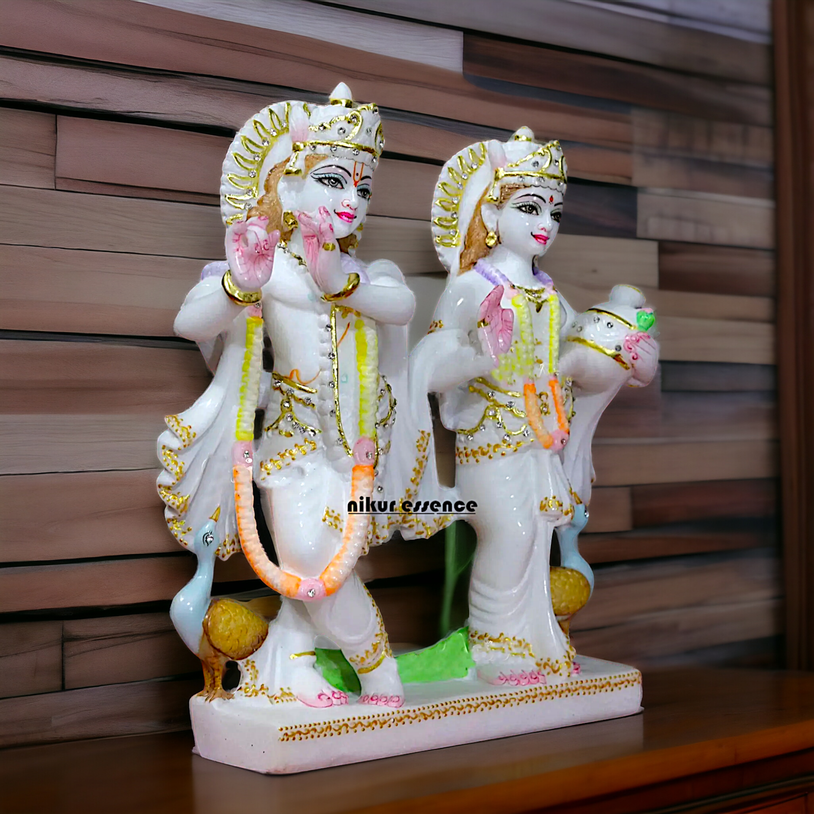 Marble Radha maa krishna standing with peacock idol - 12 Inches