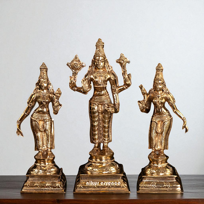 Vishnu with Sri Devi and Bhu Devi standing Panchaloha idol - 9.75 Inches Nikuressence