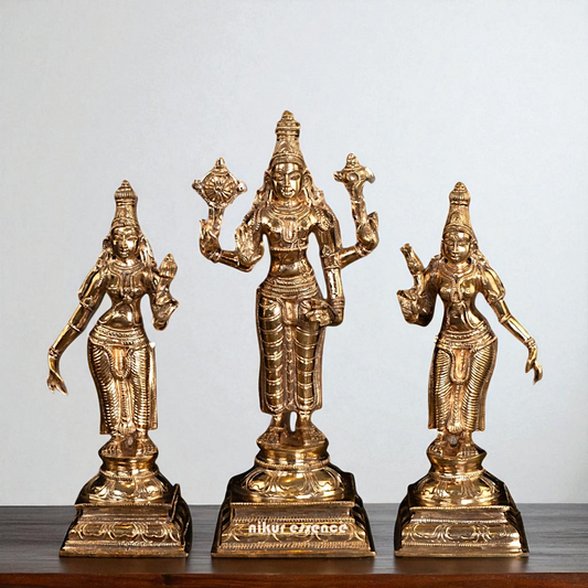 Vishnu with Sri Devi and Bhu Devi standing Panchaloha idol - 9.75 Inches Nikuressence