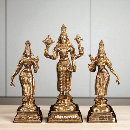 Vishnu with Sri Devi and Bhu Devi standing Panchaloha idol - 9.75 Inches Nikuressence