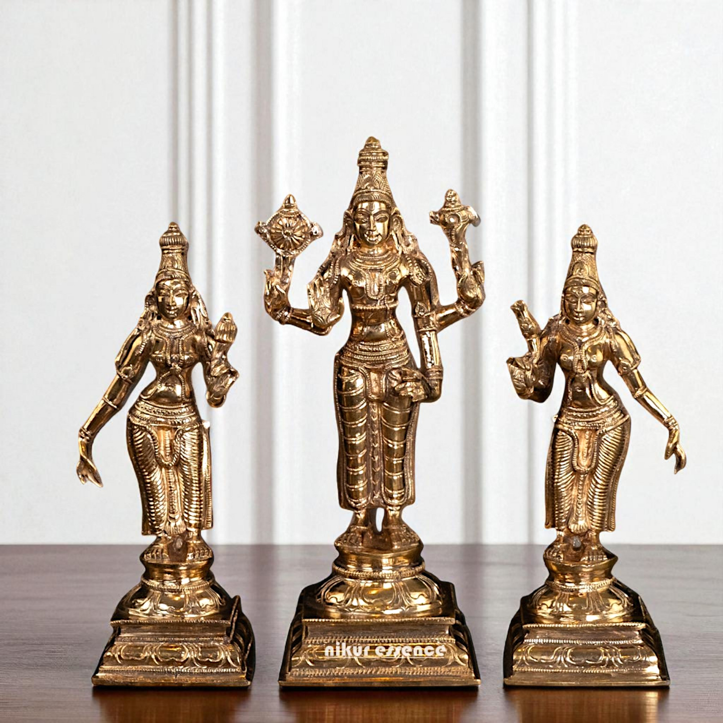 Vishnu with Sri Devi and Bhu Devi standing Panchaloha idol - 9.75 Inches Nikuressence