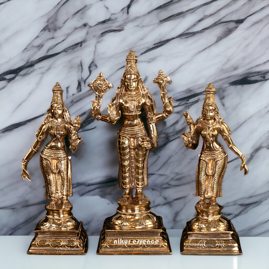 Vishnu with Sri Devi and Bhu Devi standing Panchaloha idol - 9.75 Inches