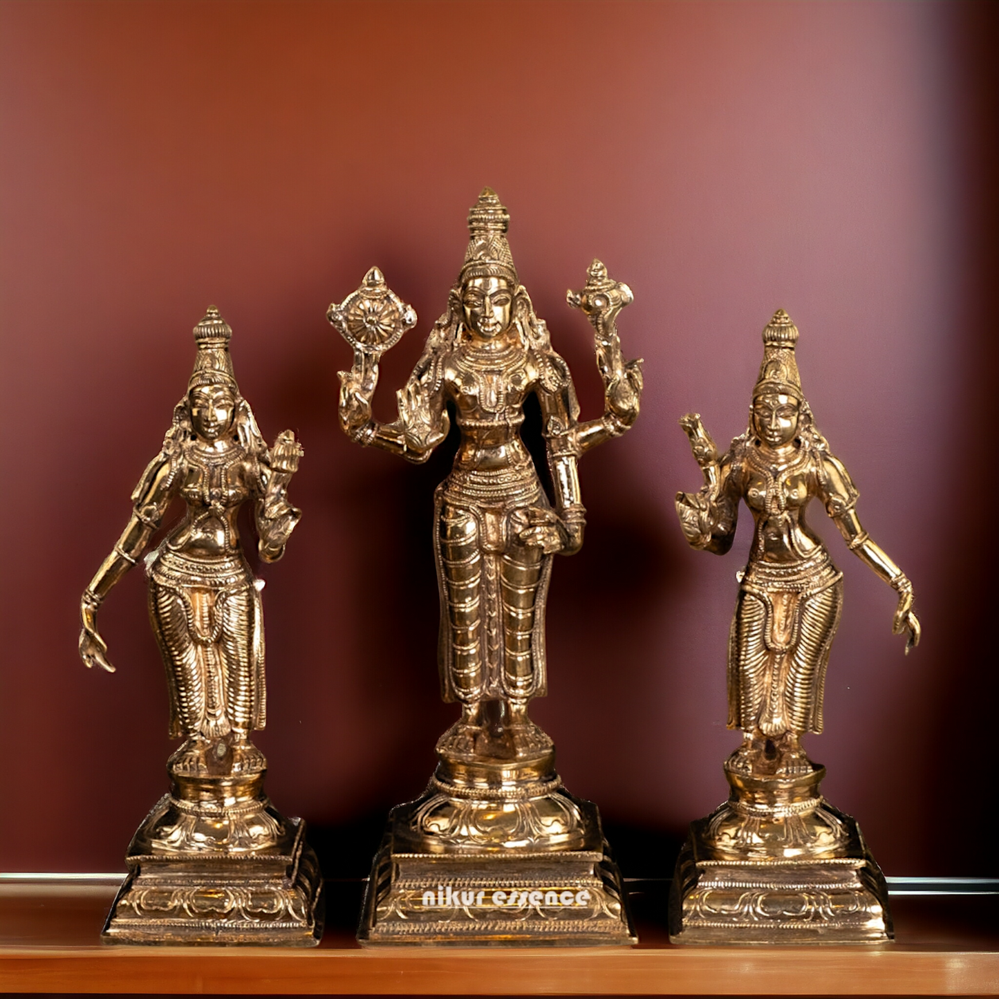 Vishnu with Sri Devi and Bhu Devi standing Panchaloha idol - 9.75 Inches