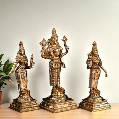 Vishnu with Sri Devi and Bhu Devi standing Panchaloha idol - 9.75 Inches Nikuressence