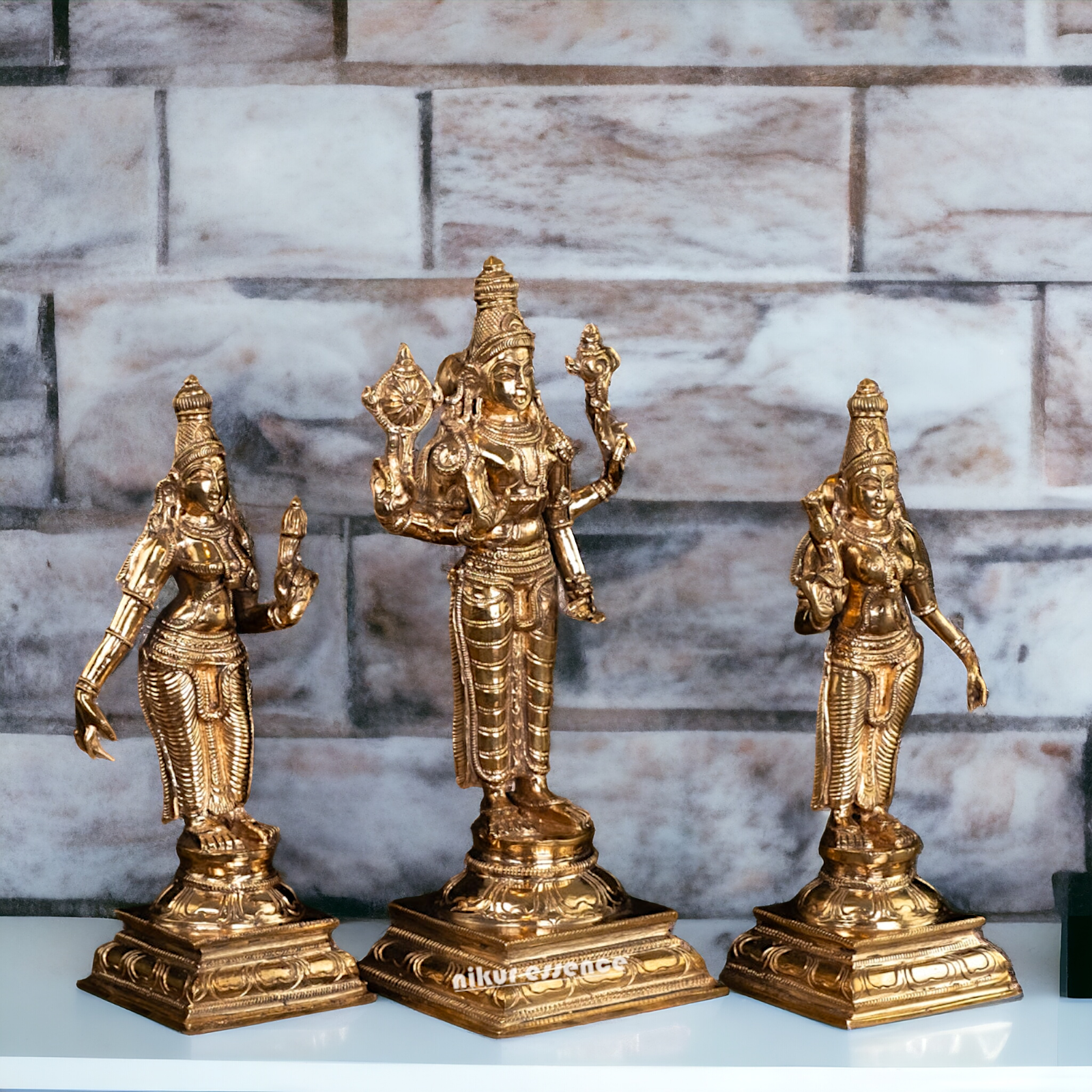 Vishnu with Sri Devi and Bhu Devi standing Panchaloha idol - 9.75 Inches