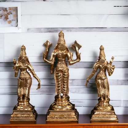 Vishnu with Sri Devi and Bhu Devi standing Panchaloha idol - 9.75 Inches