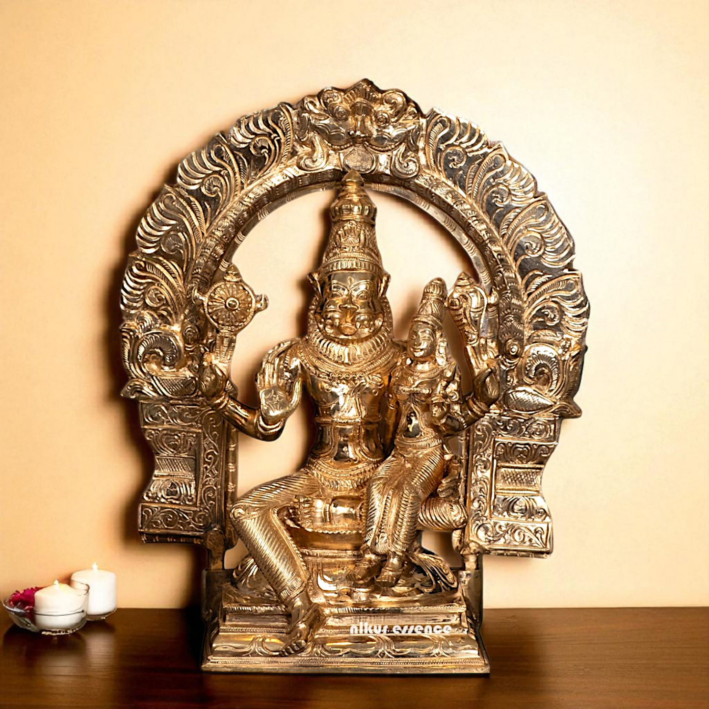 Narasimha Vishnu with Lakshmi seated Panchaloha idol - 12 Inches Nikuressence
