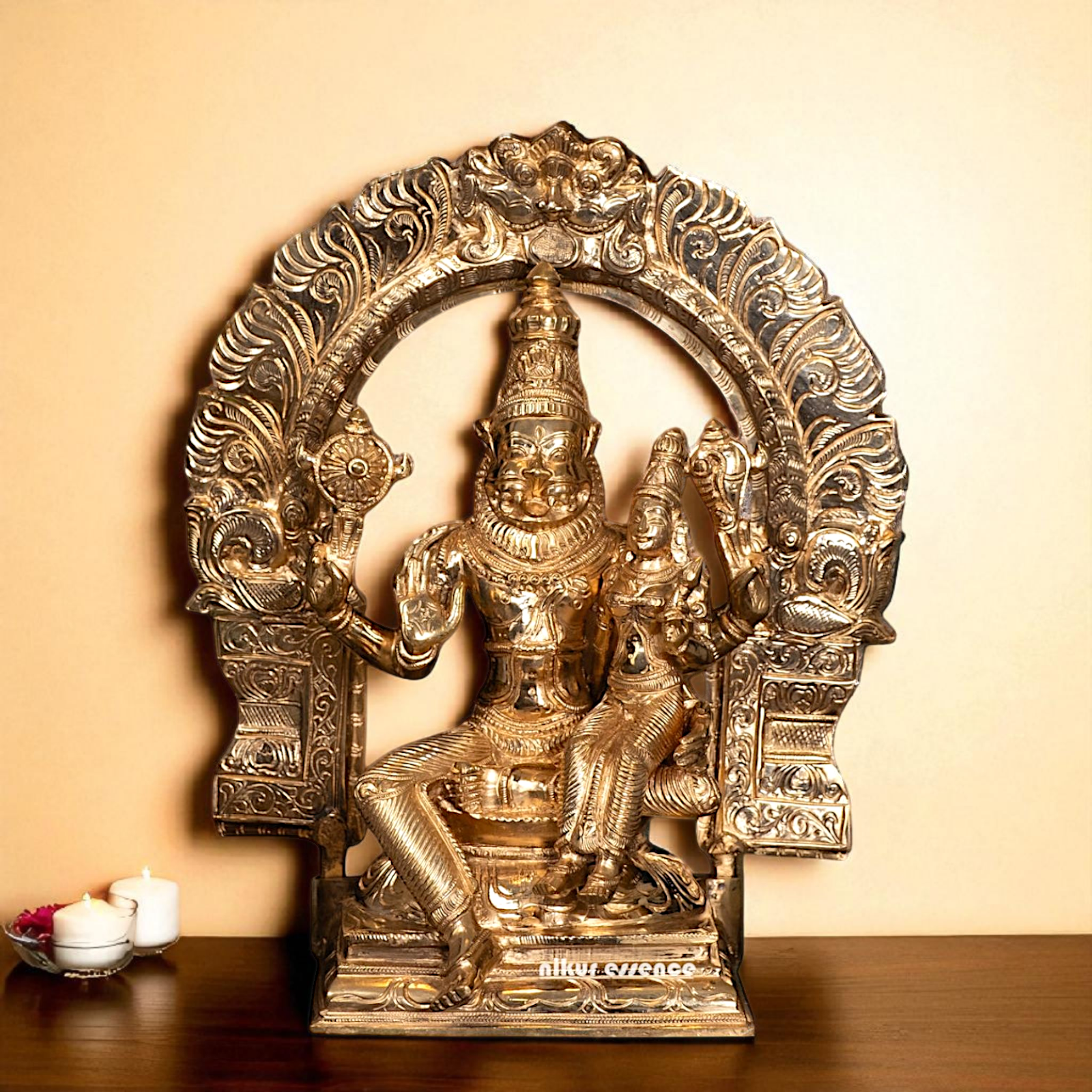Narasimha Vishnu with Lakshmi seated Panchaloha idol - 12 Inches Nikuressence