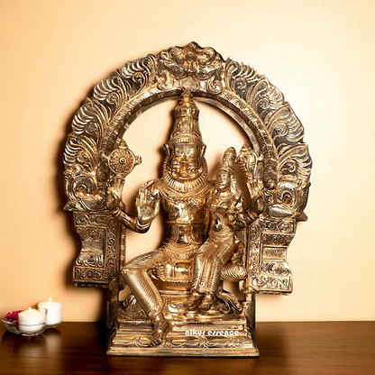 Narasimha Vishnu with Lakshmi seated Panchaloha idol - 12 Inches Nikuressence