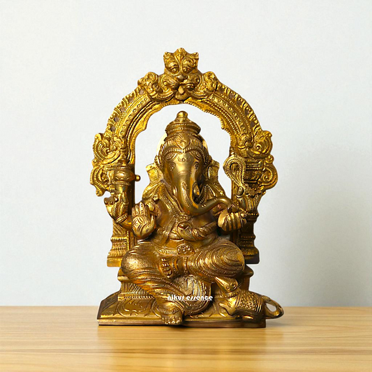 Ganesha seated on singhasan Panchaloha idol - 7 Inches Nikuressence