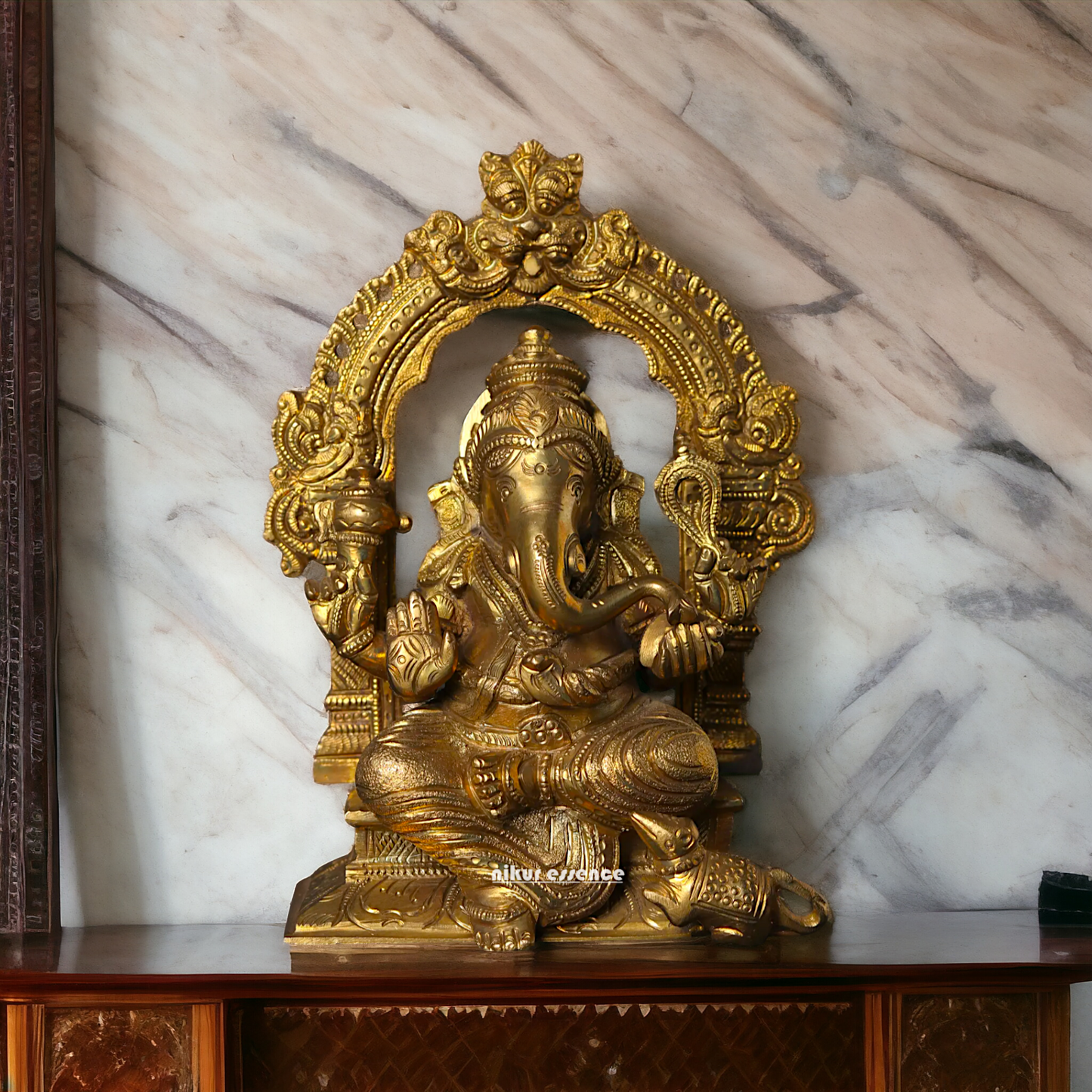 Ganesha seated on singhasan Panchaloha idol - 7 Inches