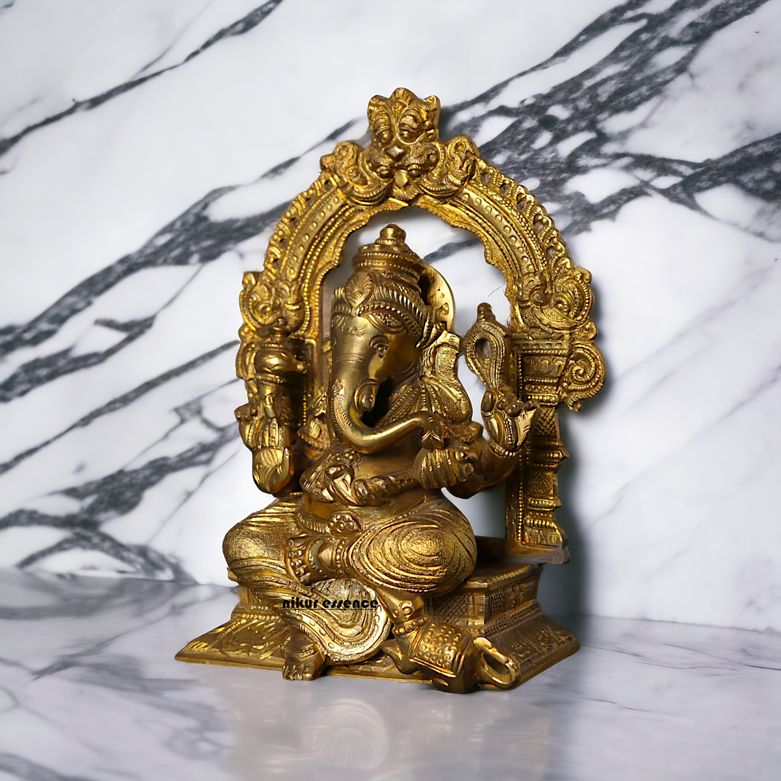 Ganesha seated on singhasan Panchaloha idol - 7 Inches