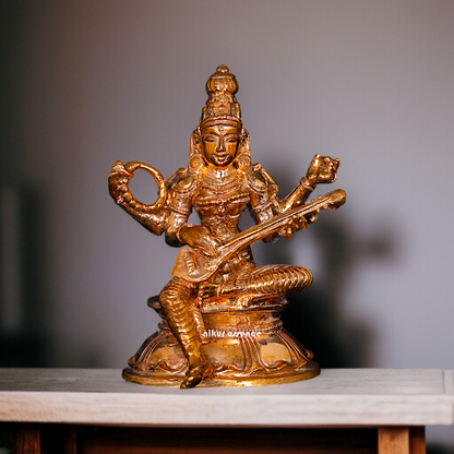 Goddess Saraswati seated Panchaloha statue - 3 inches