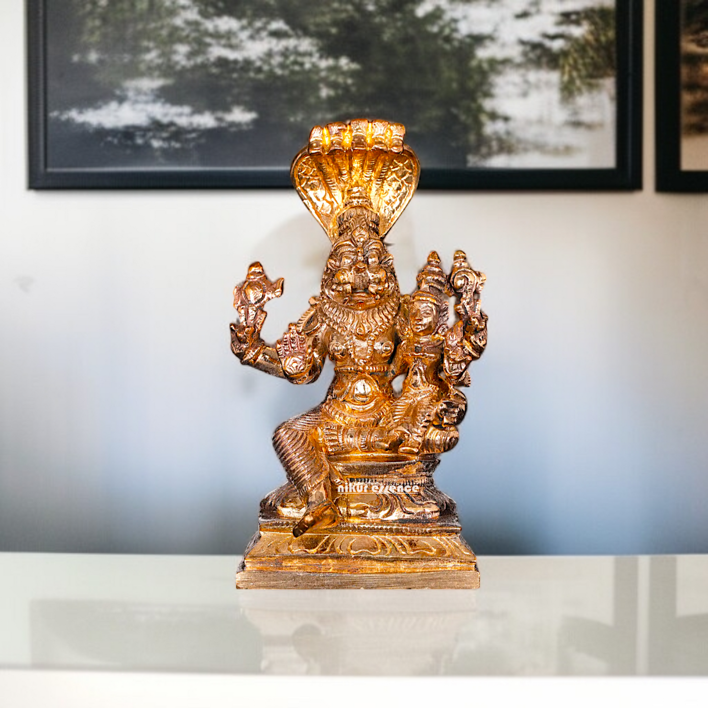 Narasimha with Sheshnag and Lakshmi seated Panchaloha statue - 4 inches