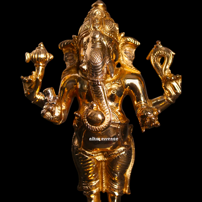 Ganesha blessings standing with Four Armed Panchaloha idol - 9 inches