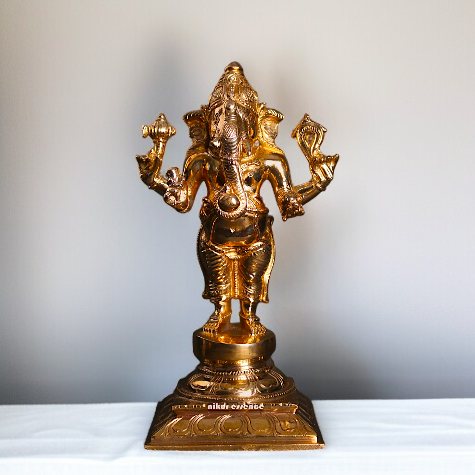 Ganesha blessings standing with Four Armed Panchaloha idol - 9 inches