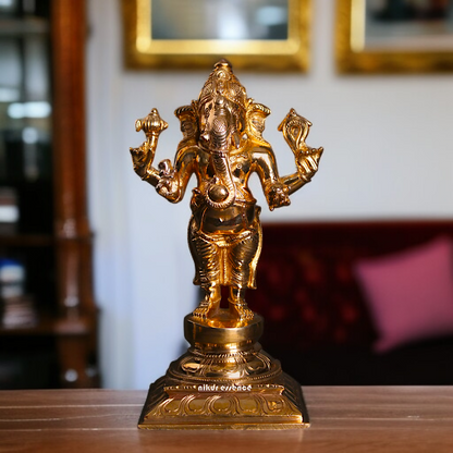 Ganesha blessings standing with Four Armed Panchaloha idol - 9 inches