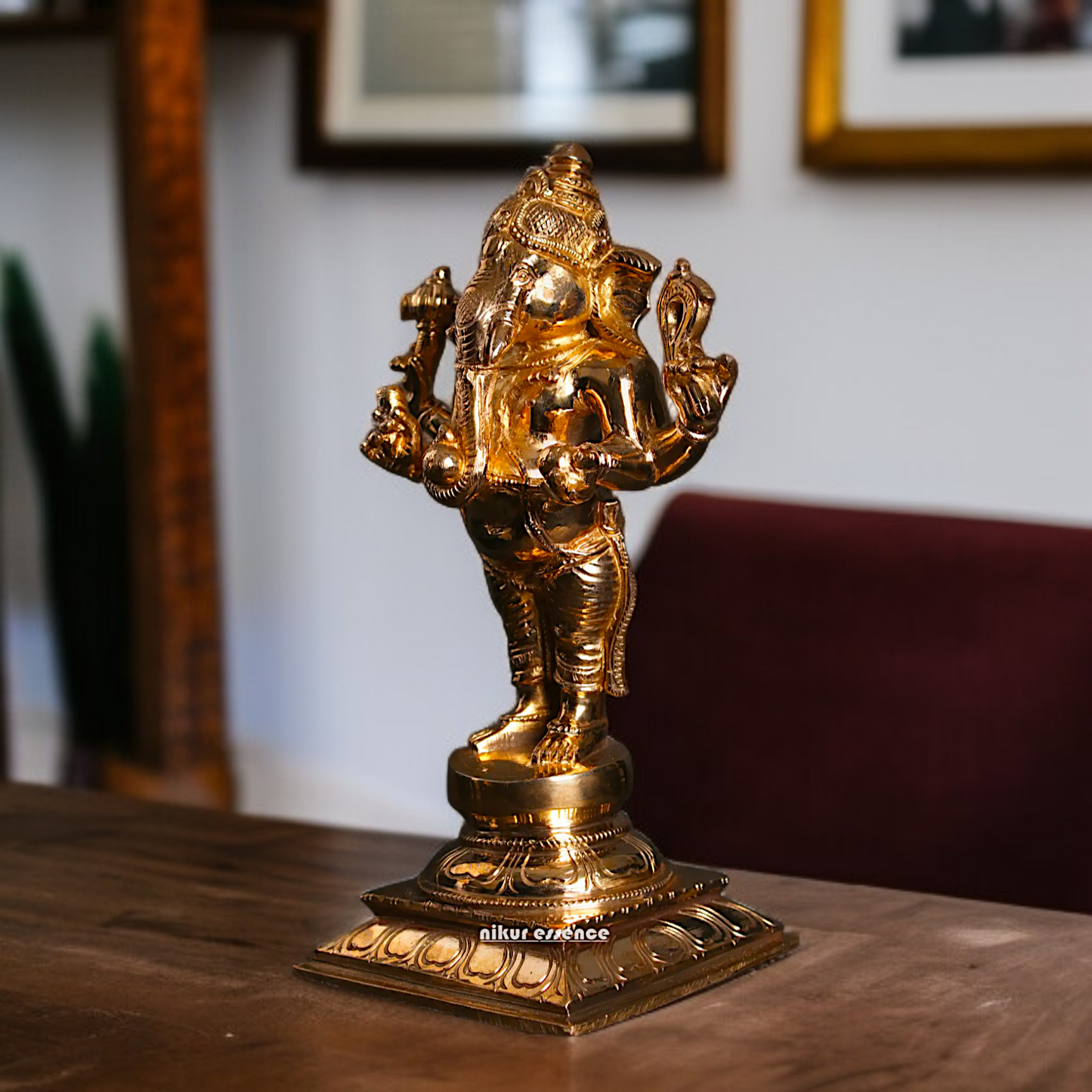 Ganesha blessings standing with Four Armed Panchaloha idol - 9 inches