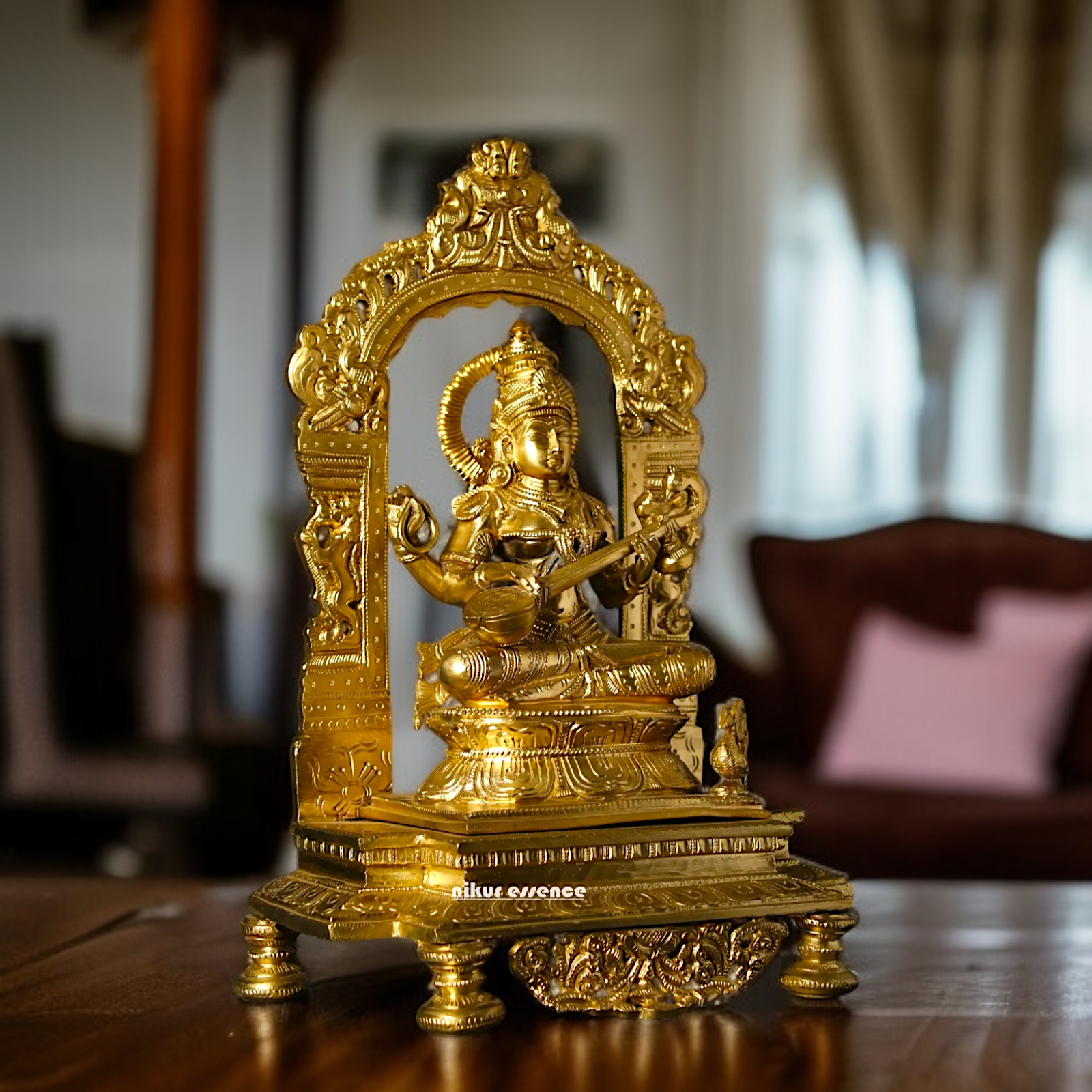 Goddess Saraswati Devi Playing Veena with Four Armed seated Panchaloha idol - 13 inches