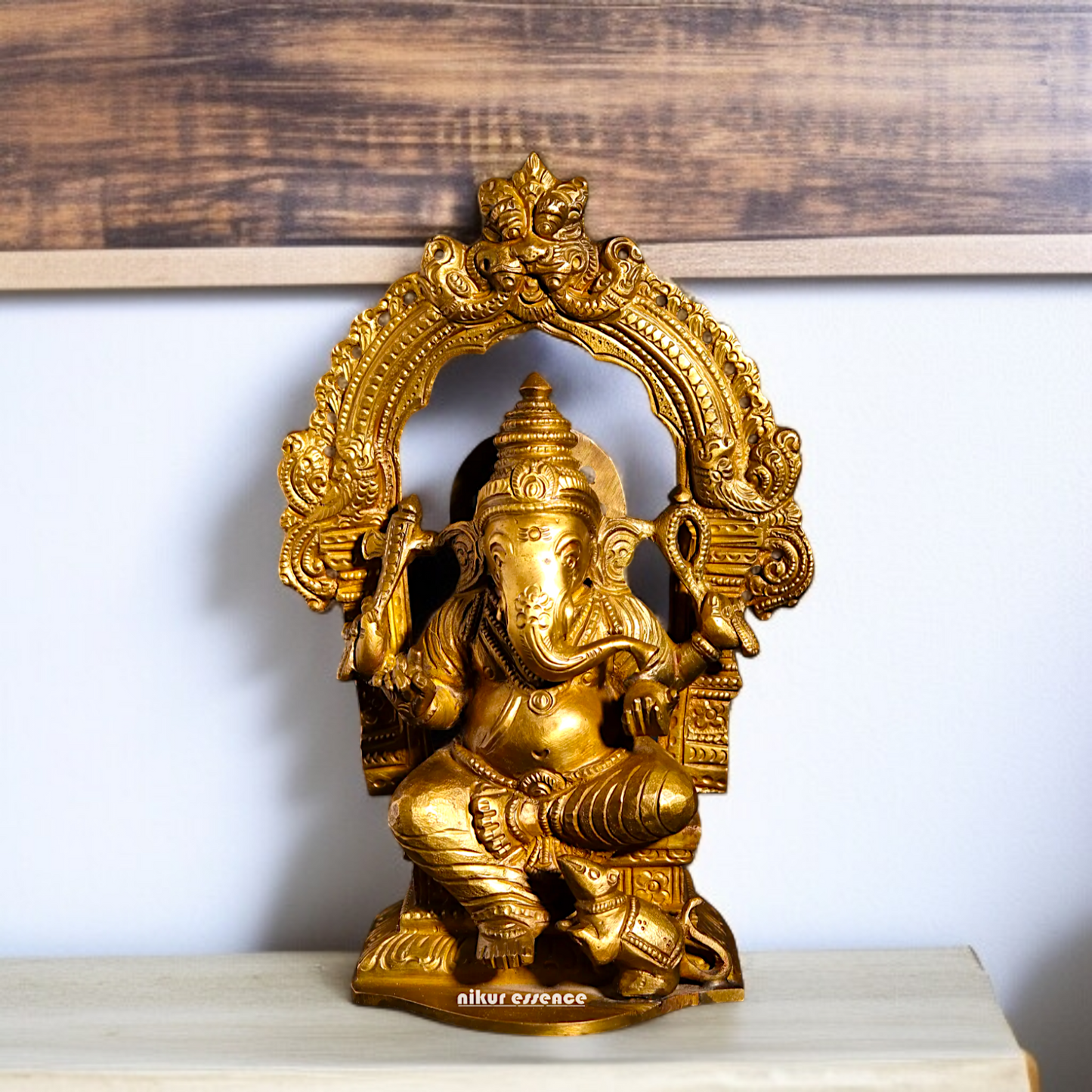 Ganpati Ganesha blessing seated on throne with Four Armed Panchaloha idol- 8 inches