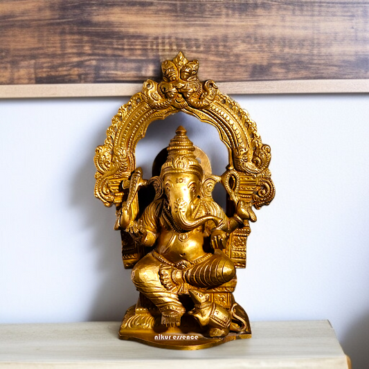 Ganpati Ganesha blessing seated on throne with Four Armed Panchaloha idol- 8 inches