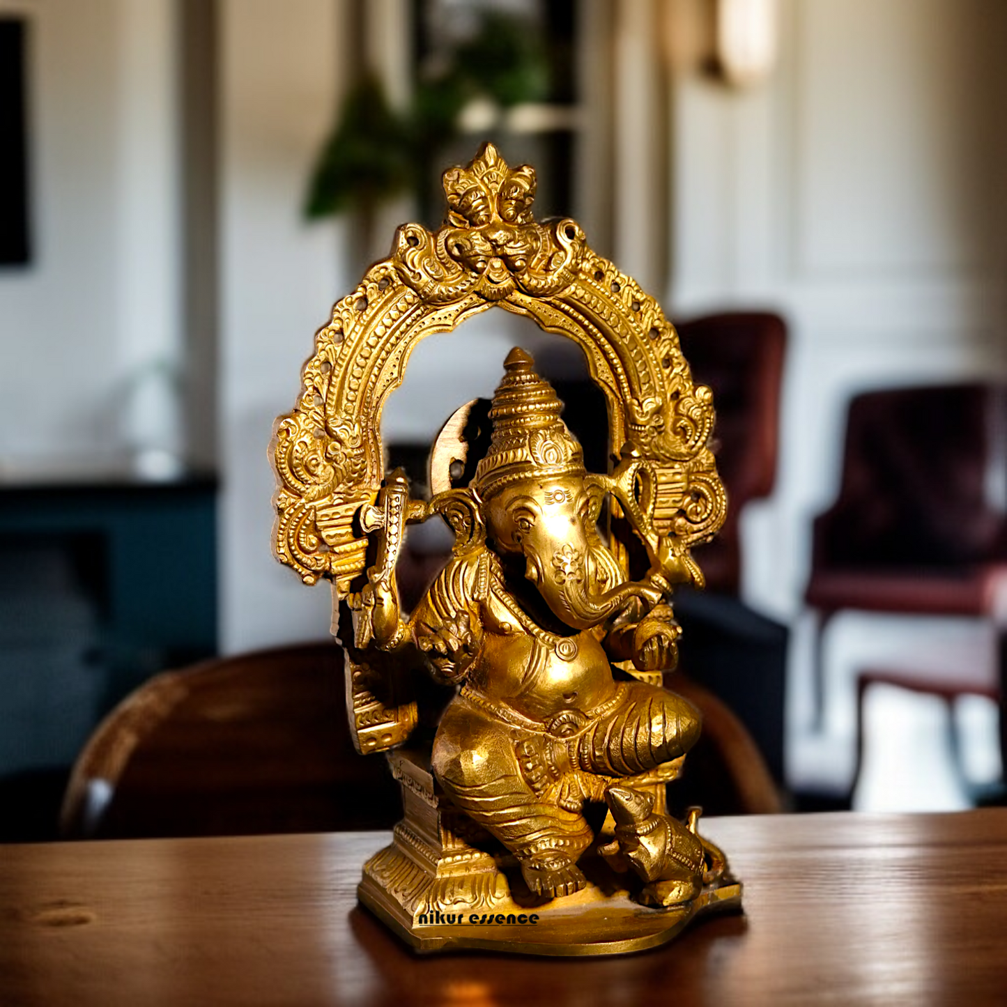 Ganpati Ganesha blessing seated on throne with Four Armed Panchaloha idol- 8 inches