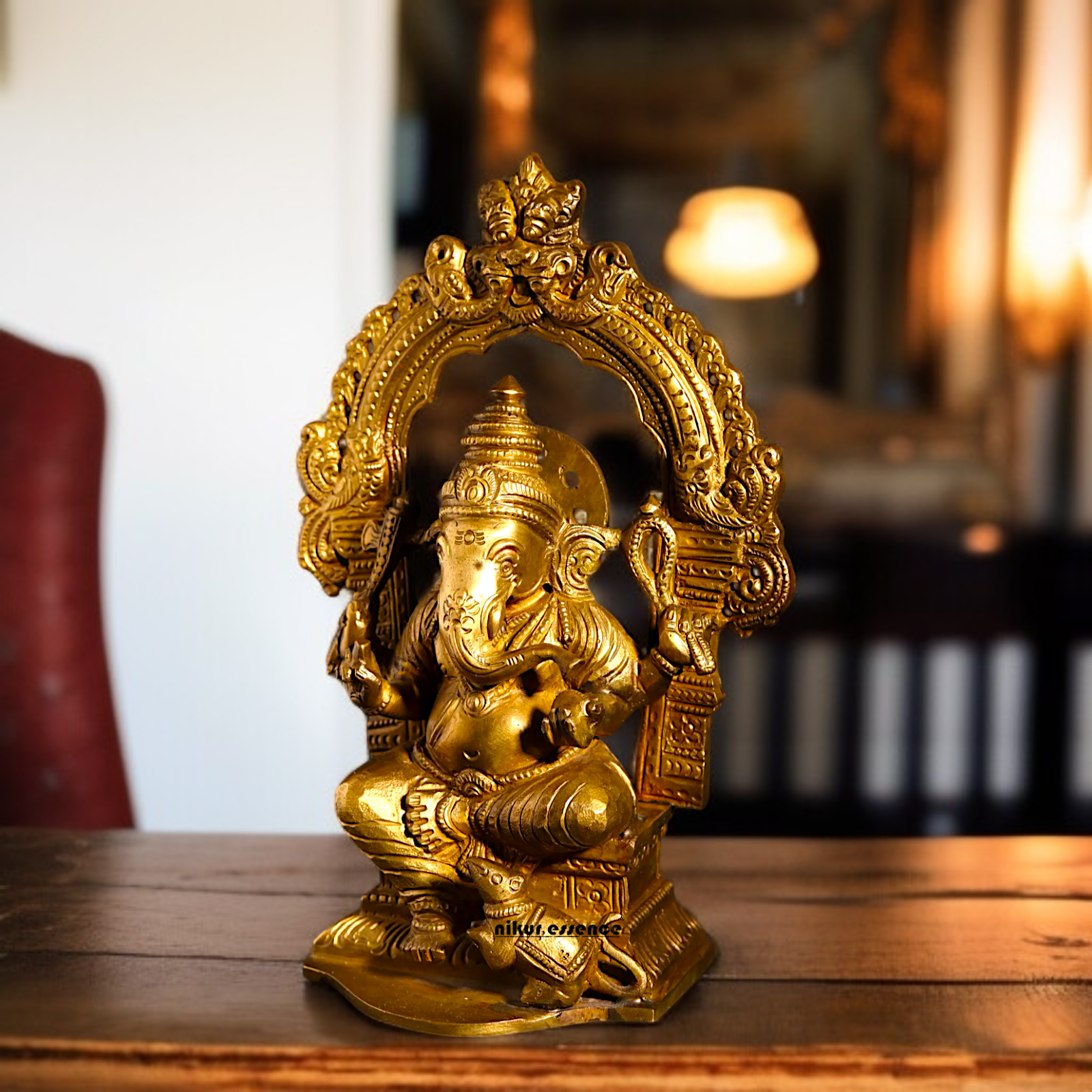 Ganpati Ganesha blessing seated on throne with Four Armed Panchaloha idol- 8 inches